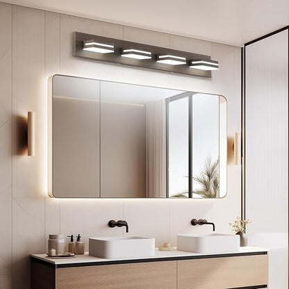 SineRise LED Modern Bathroom Vanity Light Fixtures (4-Light, 30-Inch, Dimmable), Brown Wood Painted Modern Acrylic Bathroom Wall Lighting Fixtures Over Mirror (Cool White 6000K)