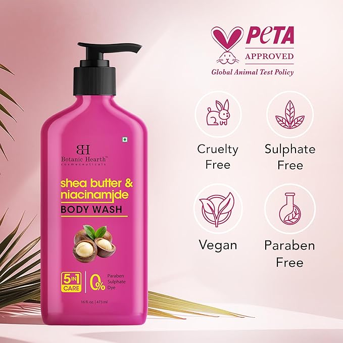 Botanic Hearth Shea Butter & Niacinamide Body Wash – Deeply Nourishing & Renewing Hydrating Shower Gel, Gentle Cleanser, Sulfate & Paraben Free – 16 fl oz