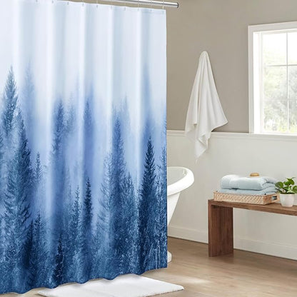 ORTIGIA 78 Inch Blue Misty Forest Shower Curtain for Bathroom, Nature Woodland Shower Curtain Set with Hooks, Decorative Pine Tree Fog Magic Bath Curtain, Waterproof Fabric, Weighted, 72x78