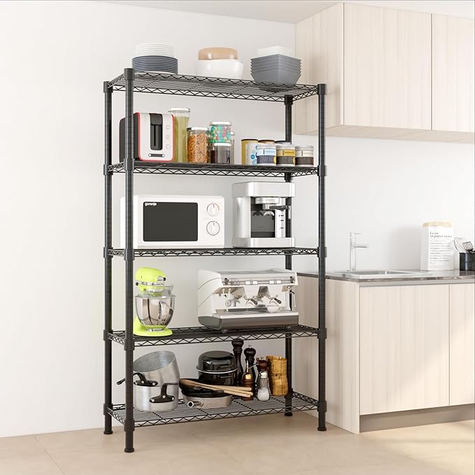 5 Tier Storage Racks Shelving, Heavy Steel Pantry Shelves, Adjustable Wire Shelving Rack, Suitable for Garage, Kitchen, Bathroom, Office, 24" W x 13" D x 59" H, Black