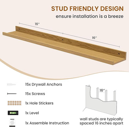Axeman Picture Ledge Shelf, Floating Shelves for Decor Storage Set of 6, 36 inch Floating Wall Mounted Shelves, Wall Shelves with Lip for Living Room, Bedroom, Nursery, Bathroom, Kitchen, Oak