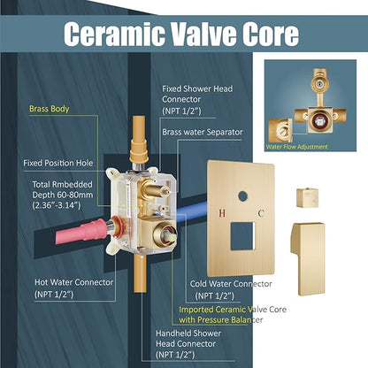 Aolemi Ceiling Mount Shower System Rain Shower Head with Handheld Spray High Pressure Shower Faucet Set Rough-in Valve Shower Trim Kit Included Bathroom Brused Gold 12 Inch Ceiling Shower Head