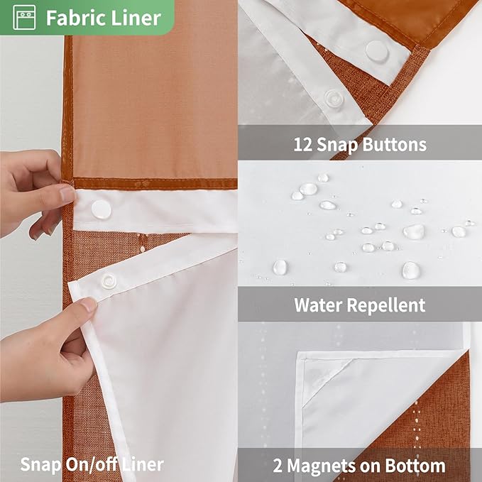 No Hook Extra Long Shower Curtain Set with Snap-in Liner,Linen Textured Thick Striped Fabric with Tassels,Boho Chic Modern Farmhouse Bathroom Curtain,Water-Repellent,Orange,71x86
