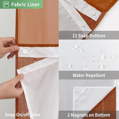 No Hook Extra Long Shower Curtain Set with Snap-in Liner,Linen Textured Thick Striped Fabric with Tassels,Boho Chic Modern Farmhouse Bathroom Curtain,Water-Repellent,Orange,71x86