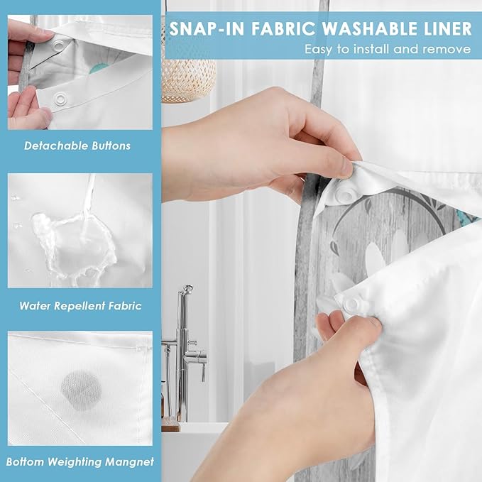 No Hook Flower Daisy Shower Curtain with Snap in Fabric Liner Set, Gray Wooden Boards Double Layers Waterproof Fabric with See Through Top Window Open Grommet Bath Curtain 54x80 Inch