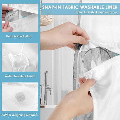 No Hook Flower Daisy Shower Curtain with Snap in Fabric Liner Set, Gray Wooden Boards Double Layers Waterproof Fabric with See Through Top Window Open Grommet Bath Curtain 54x80 Inch