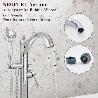 Free Standing Tub Faucet, Classic Freestanding Bathtub Faucet with Vintage Hand Shower Brass High Flow Rate Floor Mount Tub Filler Swivel Spout Soaker Tub Faucets Polished Chrome (WT-9002CP)