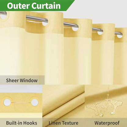 Long No Hooks Needed Linen Textured Shower Curtain with Snap-in Fabric Liner Set,Hotel Luxury Decor Shower Curtains for Bathroom,Waterproof & Washable,71Wx80H,Gold