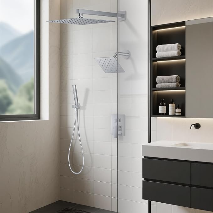 Shower Faucet Set, Wall Mount Shower System 12 and 6 Inch Dual Shower Head Set with 2 in 1 Handheld Spray Rain Shower Faucet with Rough-in Valve and Shower Trim Kit, Polished Chrome