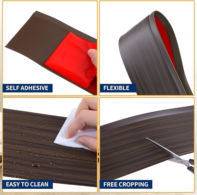 Flexible Baseboard Molding Trim 4 Inch Self-Adhesive Vinyl Wall Base Peel and Stick Cove Base Rubber Wall Baseboard Moulding Trim (20Ft, Brown Oak)