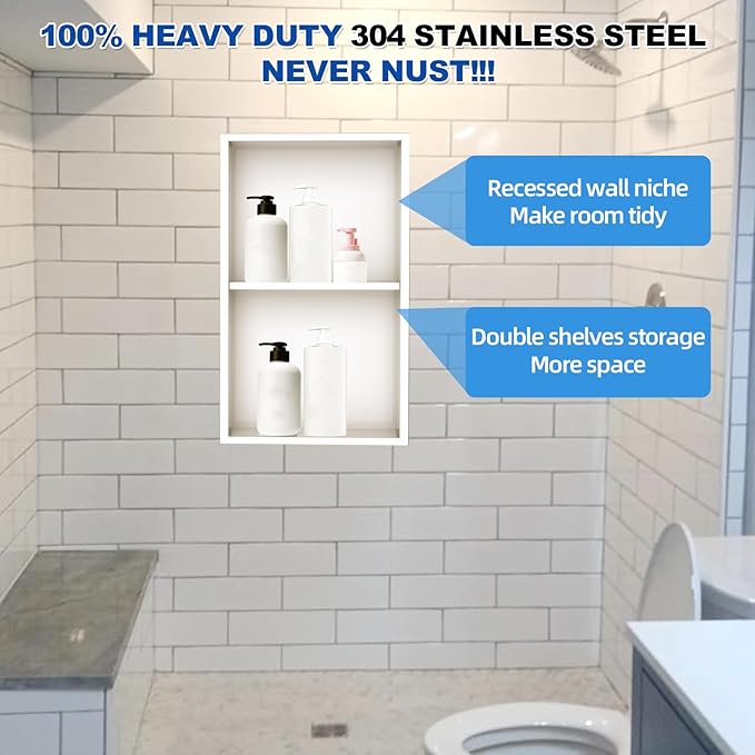 304 Stainless Steel Shower Niche Insert-Glossy White 24 x 12" No Tile Needed Bathroom Niche for Shower Wall-Double Shelves Built in Shower Shelf-Waterproof Recessed Cabinet for Bathroom Living Room