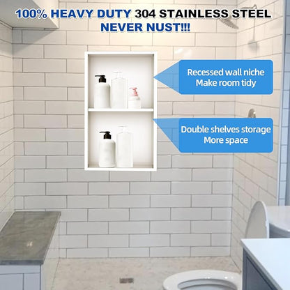 304 Stainless Steel Shower Niche Insert-Glossy White 24 x 12" No Tile Needed Bathroom Niche for Shower Wall-Double Shelves Built in Shower Shelf-Waterproof Recessed Cabinet for Bathroom Living Room