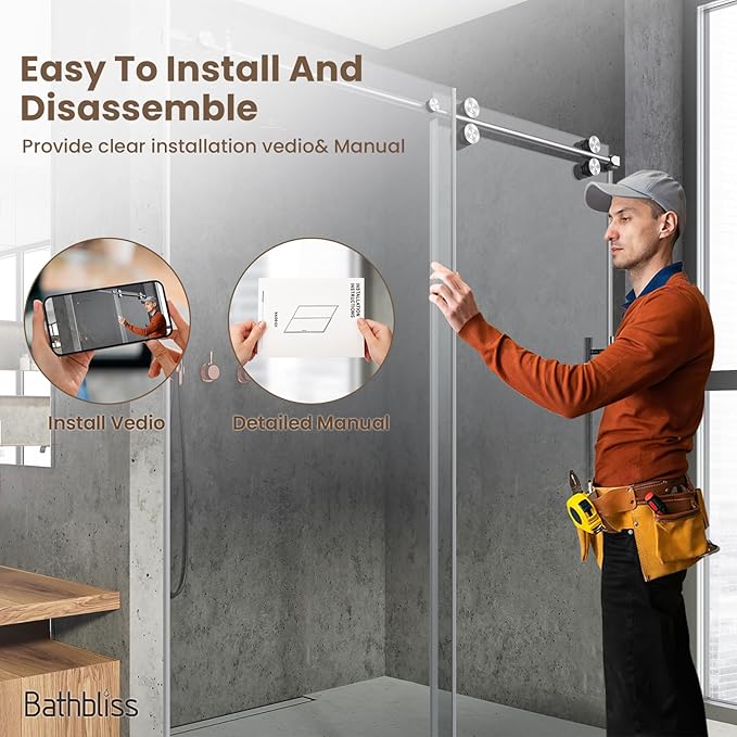 Bathbliss Glass Shower Door 56"-60" Wx76 H,Frameless Sliding Glass Door with 5/16"(8mm) Tempered Glass Shower with Brushed Nickel Finish