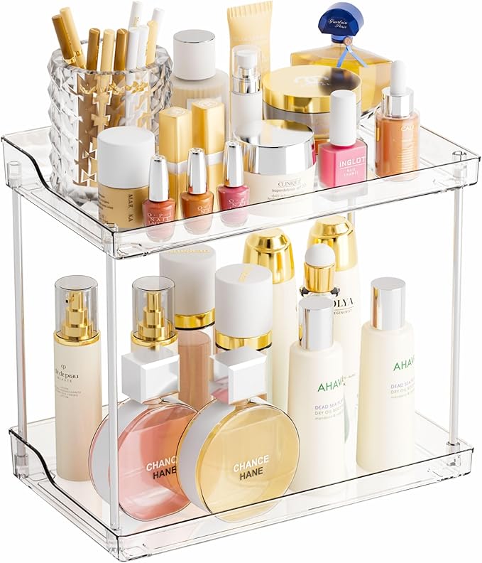 Yieach 2 Tier Bathroom Counter Organizer,Tiered Bathroom Organizer for Makeup,Perfume,Beauty Products,Skincare Organizers Shelf,Vanity Storage Tray for Bedroom,Spice Racks for Kitchen Corner,Rectangle