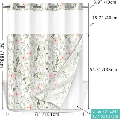 No Hook Shower Curtain Set with Snap in Fabric Liner for Bathroom,with See Through Top Window,Double Shower Curtain with Detachable Liner Replacement,Machine Washable,Green Floral,71"x 74"