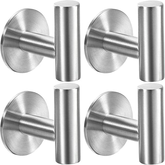 Vuzvuv Adhesive Brushed Nickel SUS304 Stainless Steel Towel Hooks – Heavy Duty Waterproof, Self-Adhesive Coat Robe Hook for Bathroom, Kitchen, Hotel (4-Pack)