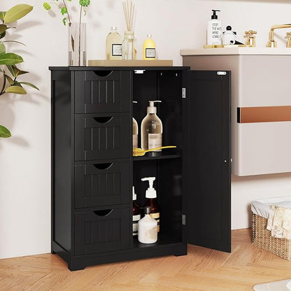 Tangkula Bathroom Floor Cabinet, Freestanding Storage Cabinet with 4 Drawers & Single Door, Adjustable Shelf, Multipurpose Bathroom Storage for Home Office, 21.5 x 12 x 32.5 Inches (Black)