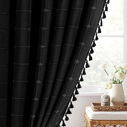 MitoVilla 72 x 84 Black Boho Extra Long Shower Curtain, Modern Farmhouse 84 inch XL Polyester Linen Texture Tassel Fabric Shower Curtain for Cottagecore Country Bathroom Decor