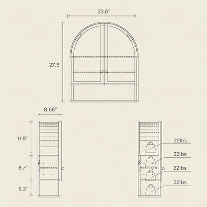 Large Arched Wall Cabinet with Acrylic Door, Wood Wall Mounted Bathroom Cabinet, Modern Hanging Medicine Cabinet with Adjustable Shelf and Open Shelf, Black/Oak