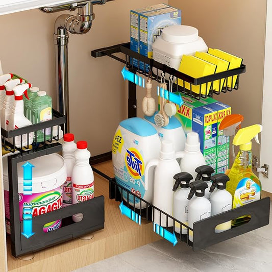ADBIU Under Sink Organizer(10 Seconds Installation), 2 Packs 2 Tier Expandable Height (11" - 16") Under-Sink Organizers Slide out Pull out Bathroom Kitchen Organizers And Storage