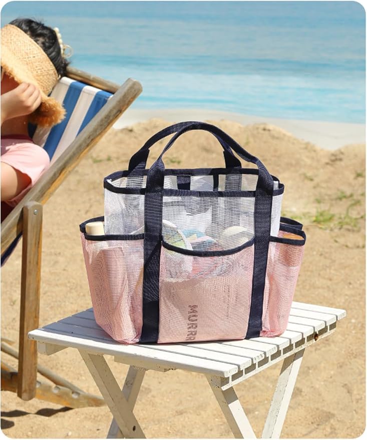 NAJIAKA Mesh Shower Caddy Bag Portable, Pink Shower Caddy for College Dorm, Beach, Camp, Gym, Travel Toiletry, Swim, Organizer with 8 Pockets