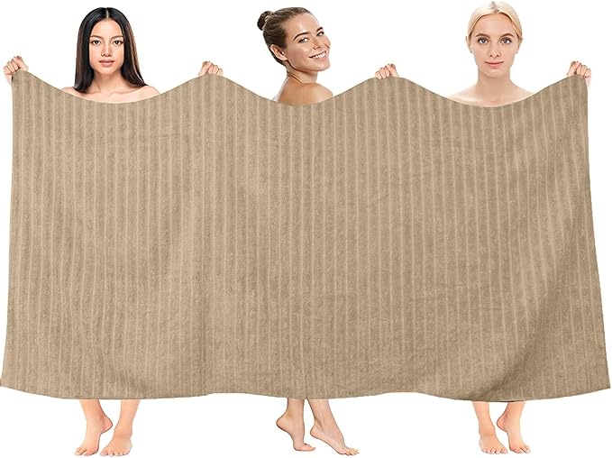 DAN RIVER Pack of 2 Bath Sheet 35x70 Inches, Ribbed Big Towels Oversized Extra Large Bath Towel, Absorbent Organic Cotton Towel - Tan