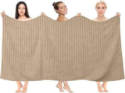 DAN RIVER Pack of 2 Bath Sheet 35x70 Inches, Ribbed Big Towels Oversized Extra Large Bath Towel, Absorbent Organic Cotton Towel - Tan