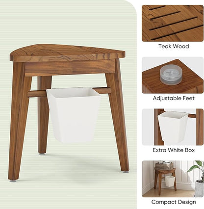 12.4“ Tall Small Teak Shower Stool for Shaving, Waterproof Corner Foot Rest with Storage Basket, Space-Saving Design for Compact Showers