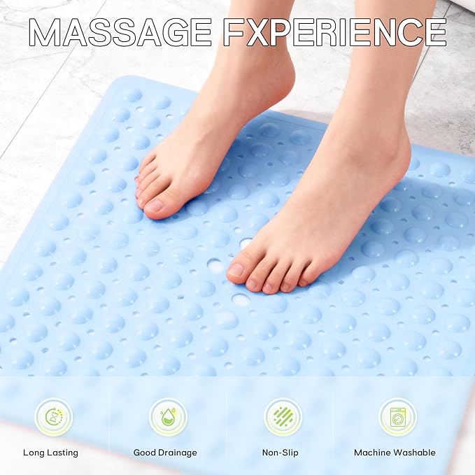 Anti-Slip Bathtub Shower mat, 20.8×20.8（Approximately 53×53cm） inch Soft Oversized Machine Washable Non-Slip Bathtub mat with Drainage Holes, Bathroom Floor Suction Cup.（1-Opaque Light Blue）