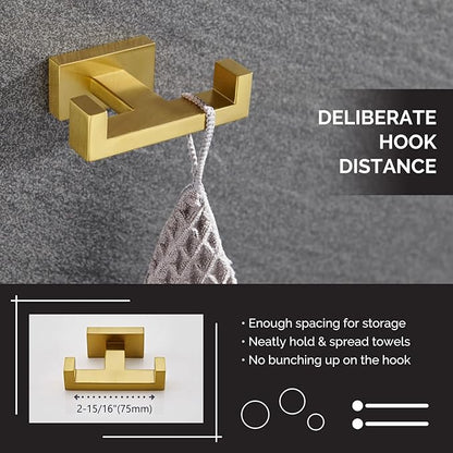 Angle Simple Towel Hook for Bathroom, SUS 304 Stainless Steel Hand Towel Holder, Double Robe Coat Hook for Wall, Brassy Gold