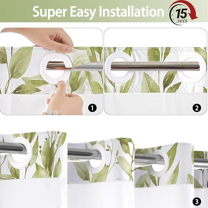 No Hook Shower Curtain and Liner Set, Beige Eucalyptus Floral Shower Curtains for Bathroom, Bath Curtain Sets with Snap in Liner, Waterproof with See Through Top Window, 71x84 Inches