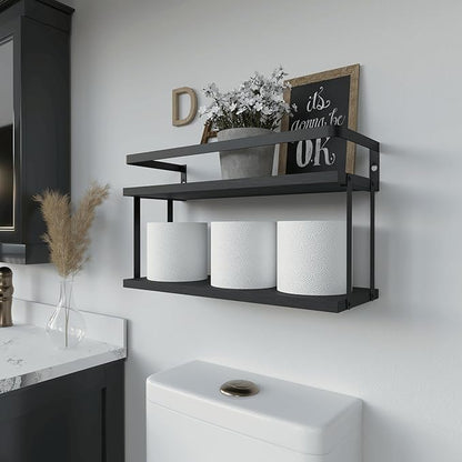 RICHER HOUSE Dual-Level Guardrail Floating Shelves, Rustic Wood Bathroom Shelf Wall Mounted, Over Toilet Paper Storage Shelves for Wall Decor, Bathroom Organizers - Black