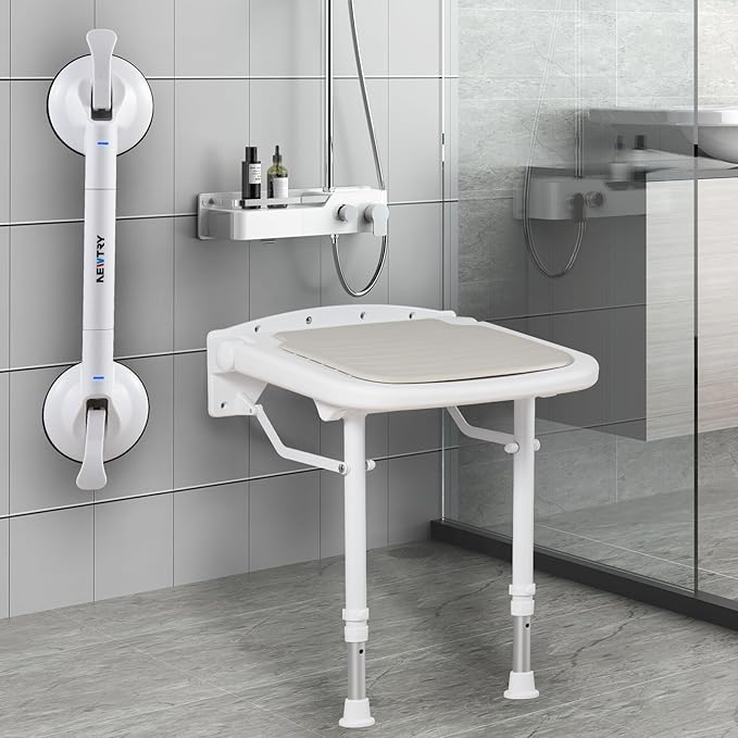 NEWTRY Wall Mounted Shower Seats with Bathroom Grab Bar, 550lb Support Adjustable Height 15.3" Foldable Shower Chair, Fold Down Shower Seat + Smart Suction Cup Handrail for Home Care & Bathroom