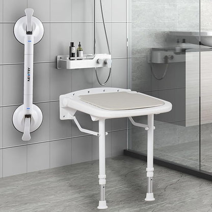 NEWTRY Wall Mounted Shower Seats with Bathroom Grab Bar, 550lb Support Adjustable Height 15.3" Foldable Shower Chair, Fold Down Shower Seat + Smart Suction Cup Handrail for Home Care & Bathroom