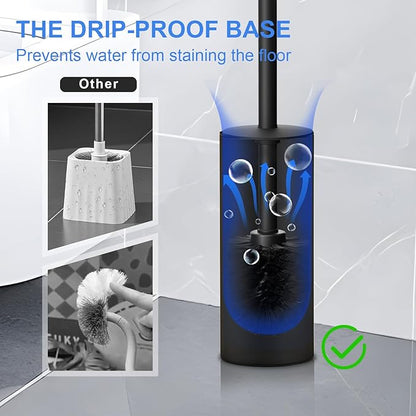 304 Stainless Steel Toilet Bowl Brush and Holder Set, Circular Floor Toilet Brush Holder, Long Handle, Bathroom Heavy-Duty Cleaner, High-End Cylinder Wall，2 Brush Head (Black) YIGUANXIN