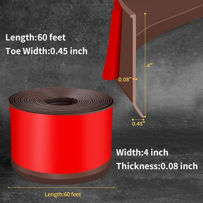 Flexible Baseboard Molding Trim 4 Inch Self-Adhesive Vinyl Wall Base Peel and Stick Cove Base Rubber Wall Baseboard Moulding Trim (60Ft, Brown)