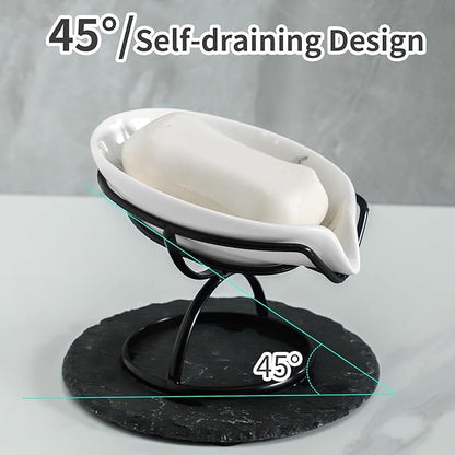 Leaf-Shaped Soap Dish – Ceramic Soap Bar Holder with Self-Drainage System – Bar Soap Holder for Shower, Bathroom Sink, Kitchen – Soap Dish with Stainless Steel Stand (White-Black-2 Pack)