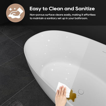 SJ STAR&JANE 59" Freestanding Solid Surface Bathtub, Oval Stone Resin Soaking Tub Stand Alone Tub with Pop-up Drain & Overflow Matte White