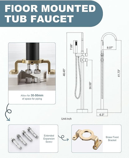 Freestanding Bathtub Faucet Matte Black: Floor Mount Tub Filler, High Flow Brass Shower Faucets with Handheld Sprayer for Bathroom