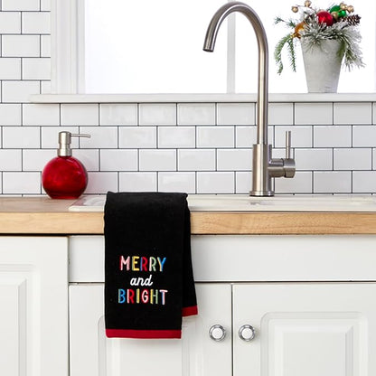 SKL Home Christmas/Winter Rainbow Merry 100% Cotton Embroidered 2pc Hand Towel Set, Decorative for Bath/Kitchen/Bar, Black