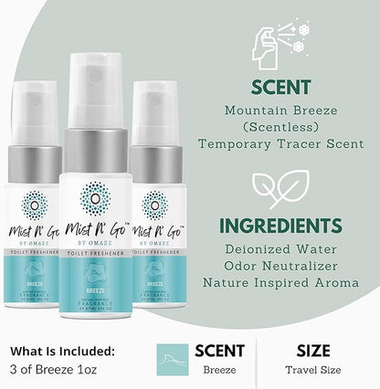 Mist N’ Go by Omaze Travel Bathroom Spray for Toilet Spray Odor Eliminator - Travel Toilet Spray for Bathroom Air Freshener Spray for Bathroom Deodorizer - Breeze Travel Size (1oz x3)