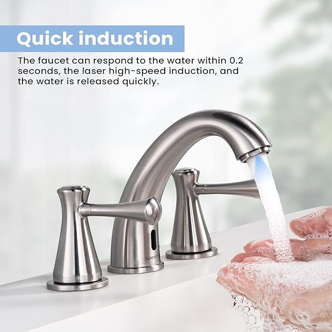 Touchless Bathroom Faucet for 3 Holes with 3 Handles, Controlling Temperature & Adjustable Water Flow, Short & Long Induction Modes, Auto Motion Sensor Brushed Nickel Bathroom Faucet Set 29180