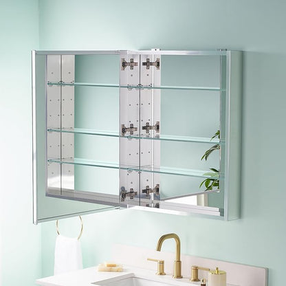 WELLFOR 24" x 30" Bathroom Medicine Cabinet, Anodized Chrome Aluminum Frame, Medicine Cabinet with Adjustable Glass Shelves, Bathroom Cabinet with Reverse Door Installation, Surface or Recessed Mount