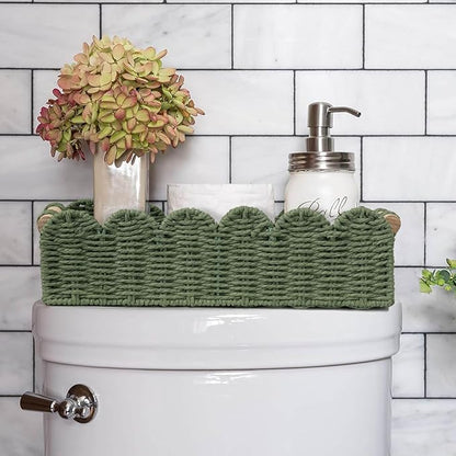 CubesLand Scalloped Edge Decor Baskets for Home, Living Room, Toilet Paper Storage Basket for Over Toilet Shelf, End Table,Shelves and More, Small Paper Rope Baskets Both Storage&Decor, Set 2 Green