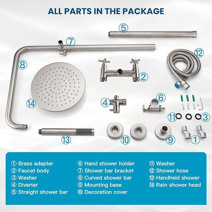 gotonovo Outdoor Shower Fixtures SUS304 Stainless Steel Rain Shower Kit Faucet High Pressure Wall Mount 2 Dual Function 8 Inch Showerhead and Handheld Spray Combo, Double Cross Handle, Brushed Nickel