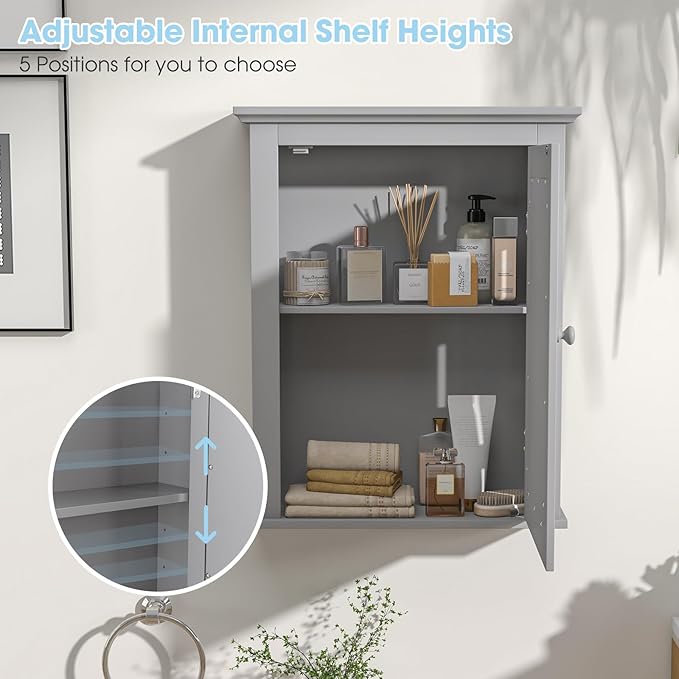 Safeplus Grey Medicine Cabinet with Mirror, Wall Mounted Adjustable Storage for Bathroom, Living Room, Bedroom, Entryway and Kitchen