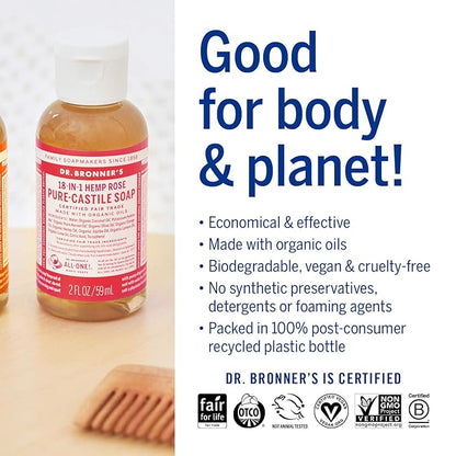 Dr. Bronner's - Pure-Castile Liquid Soap (Rose, 2 ounce) - Made with Organic Oils, 18-in-1 Uses: Face, Body, Hair, Laundry, Pets and Dishes, Concentrated, Vegan, Non-GMO