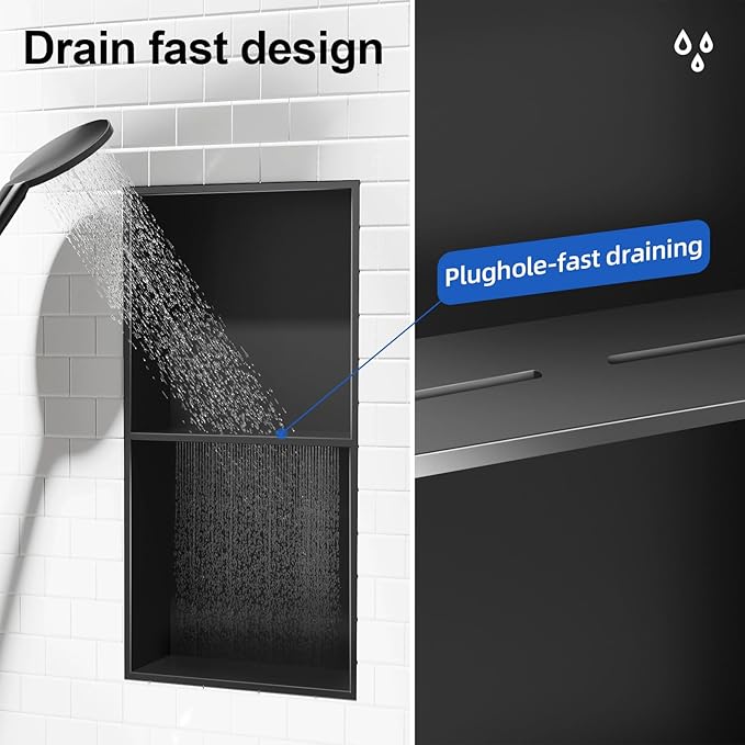Bathbliss Shower Niche, No‑Tile Recessed Wall Niche, 11.18"x22.3" SUS304 Stainless Steel Double Shelf, Leak‑Proof Waterproof for Bathroom Storage, Matte Black
