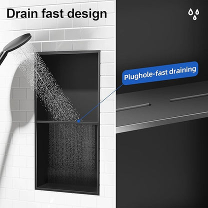 Bathbliss Shower Niche, No‑Tile Recessed Wall Niche, 11.18"x22.3" SUS304 Stainless Steel Double Shelf, Leak‑Proof Waterproof for Bathroom Storage, Matte Black