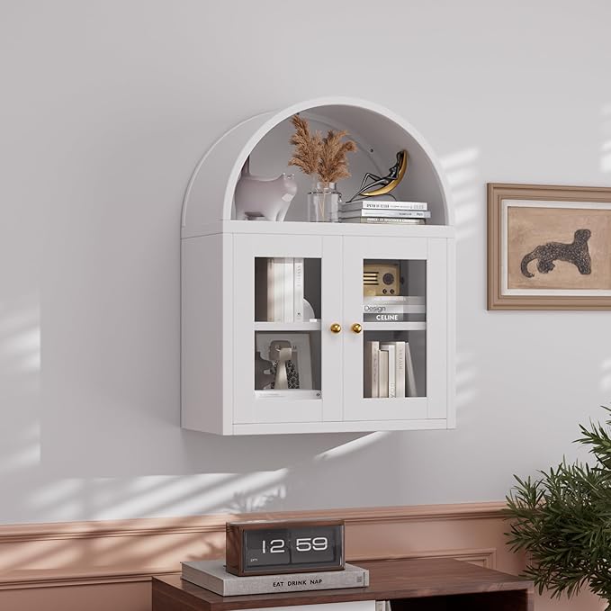 Arched Wall Cabinet, Bathroom Wall Mounted Cabinet with Glass Display Doors, Adjustable Shelves for Bathroom, Living Room, Dining Room, Laundry, Kitchen